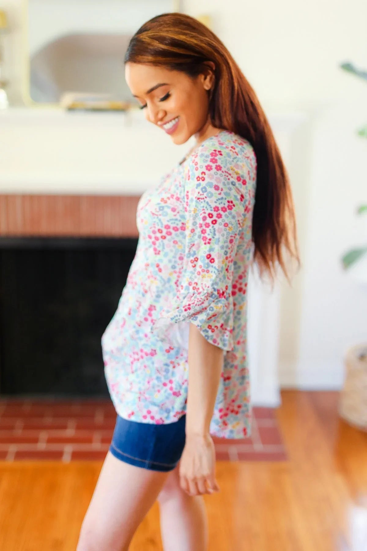 Feeling It Blue Floral Print Ruffle Three Quarter Sleeve Top | Daverri Fashions