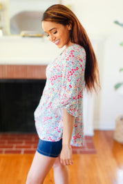 Feeling It Blue Floral Print Ruffle Three Quarter Sleeve Top | Daverri Fashions