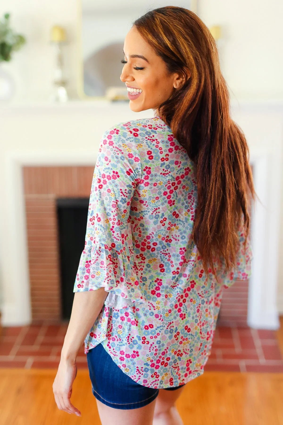 Feeling It Blue Floral Print Ruffle Three Quarter Sleeve Top | Daverri Fashions