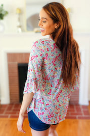 Feeling It Blue Floral Print Ruffle Three Quarter Sleeve Top | Daverri Fashions