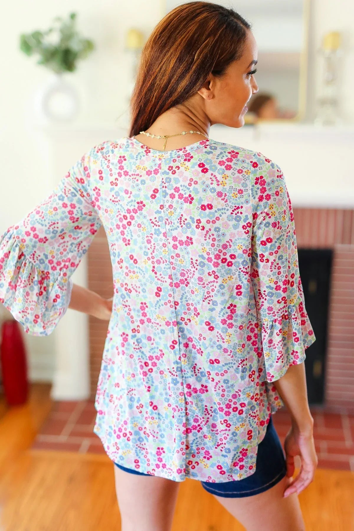 Feeling It Blue Floral Print Ruffle Three Quarter Sleeve Top | Daverri Fashions