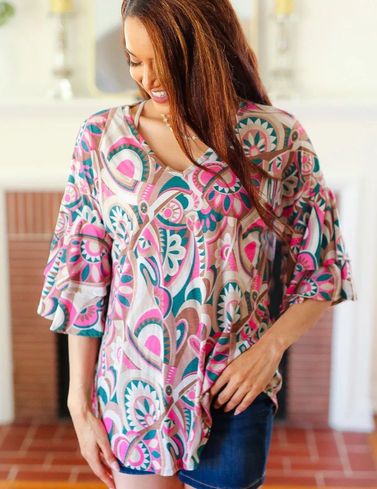 Eyes On You Teal Paisley Double Ruffle Sleeve Top | Daverri Fashions