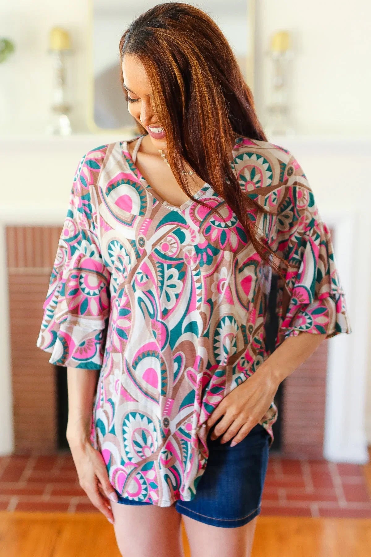 Eyes On You Teal Paisley Double Ruffle Sleeve Top | Daverri Fashions