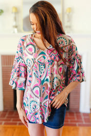 Eyes On You Teal Paisley Double Ruffle Sleeve Top | Daverri Fashions