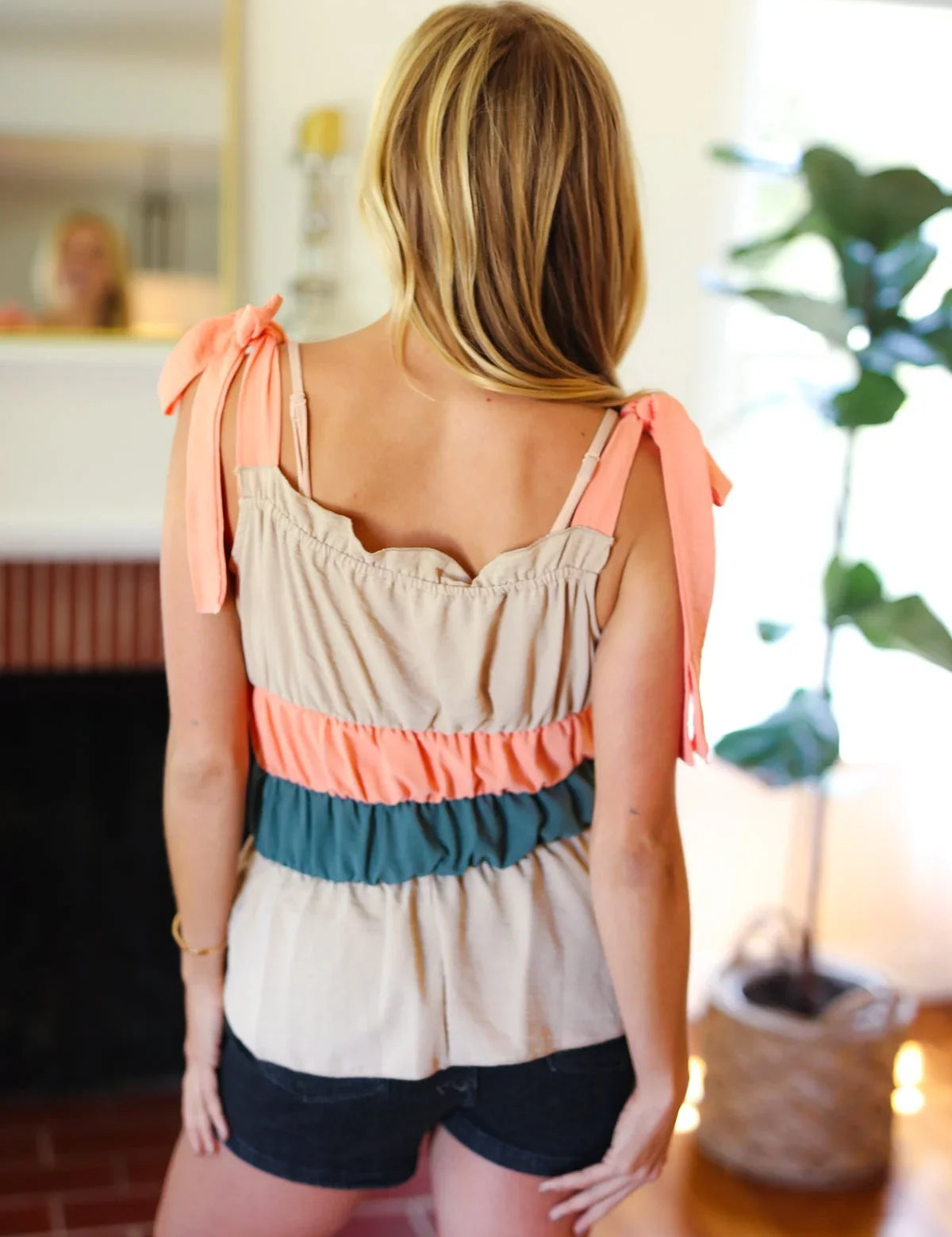 Peach Tie Knot Shoulder Detail Color Block Top | Daverri Fashions