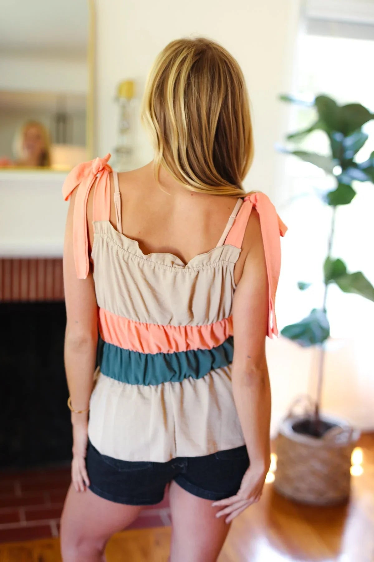 Peach Tie Knot Shoulder Detail Color Block Top | Daverri Fashions