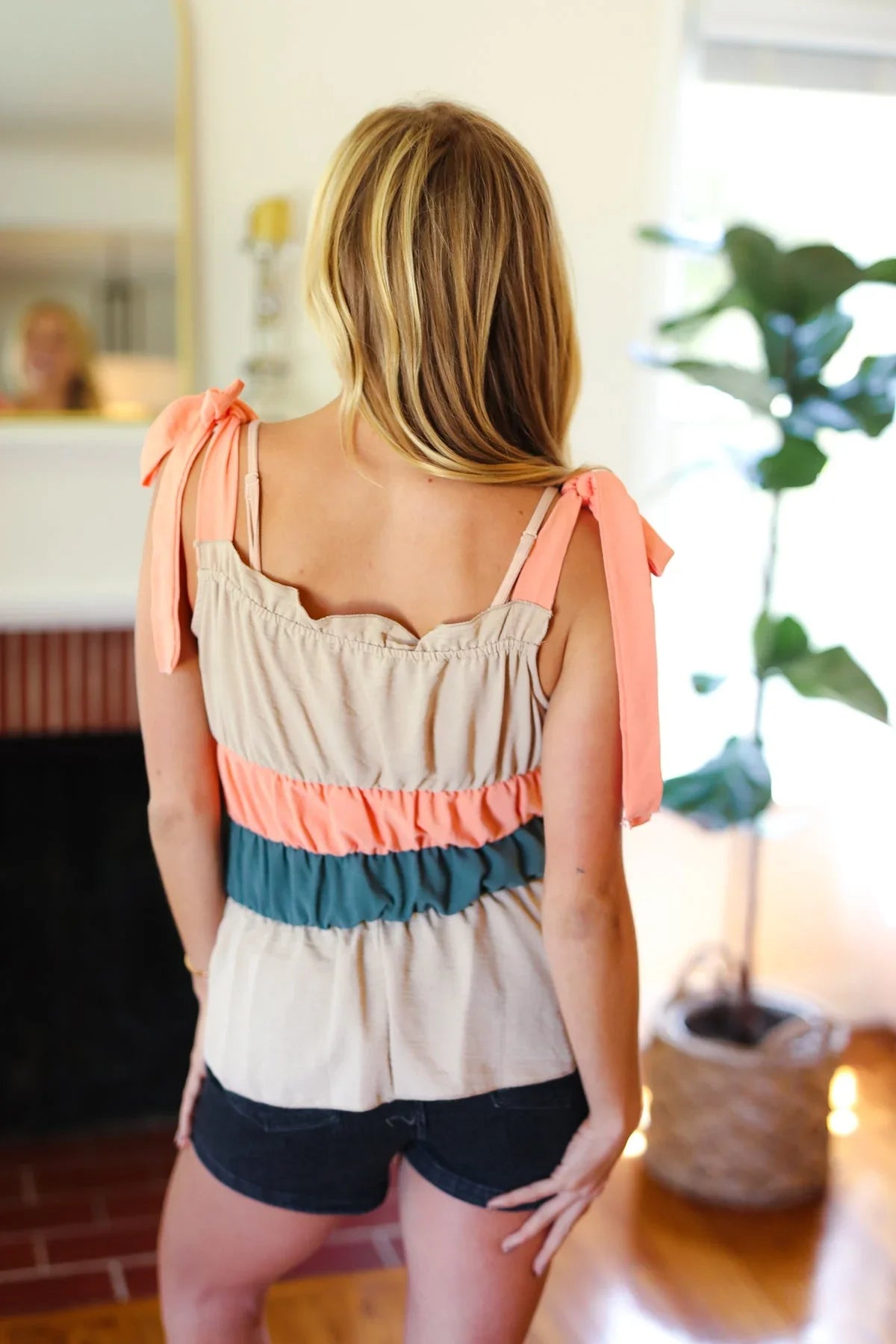 Peach Tie Knot Shoulder Detail Color Block Top | Daverri Fashions