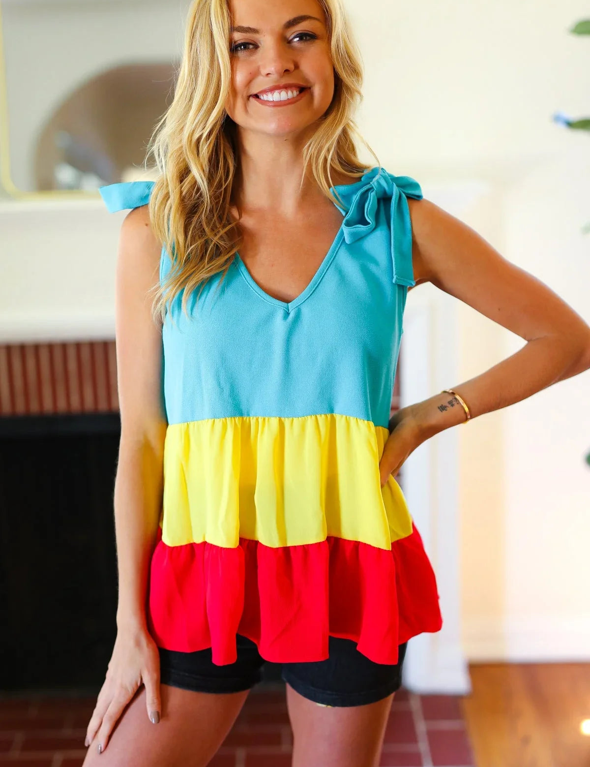 Multicolor Tiered Shoulder Tie Bow Crepe Top | 07-01-25 Summer Sale Daverri Fashions