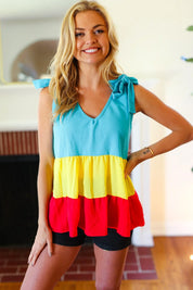 Multicolor Tiered Shoulder Tie Bow Crepe Top | 07-01-25 Summer Sale Daverri Fashions
