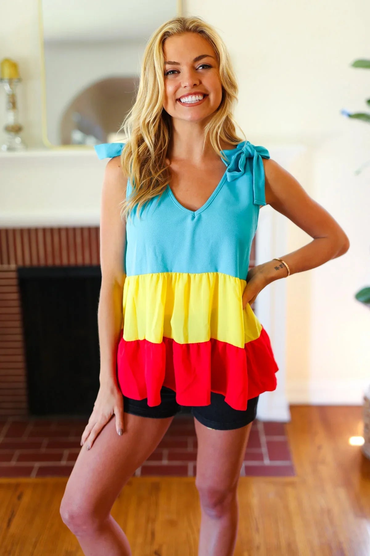 Multicolor Tiered Shoulder Tie Bow Crepe Top | 07-01-25 Summer Sale Daverri Fashions