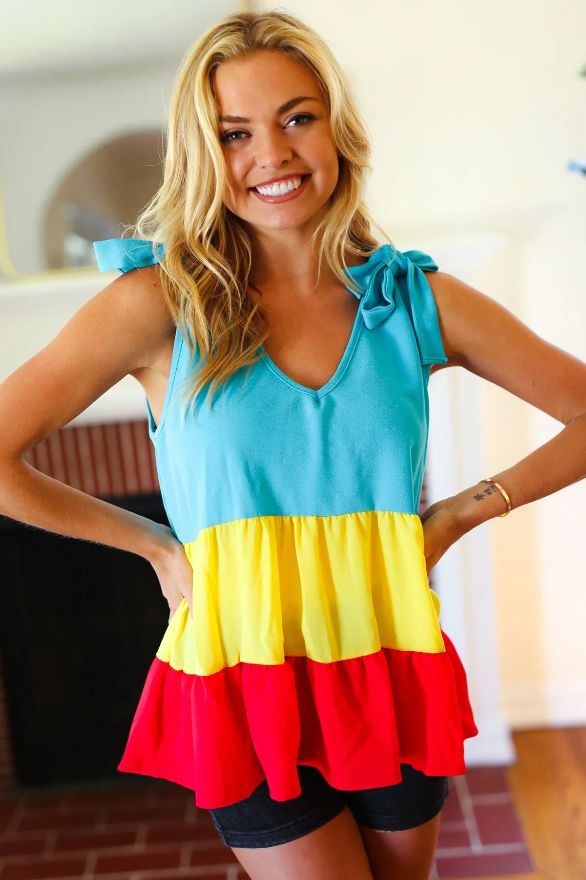Multicolor Tiered Shoulder Tie Bow Crepe Top | 07-01-25 Summer Sale Daverri Fashions
