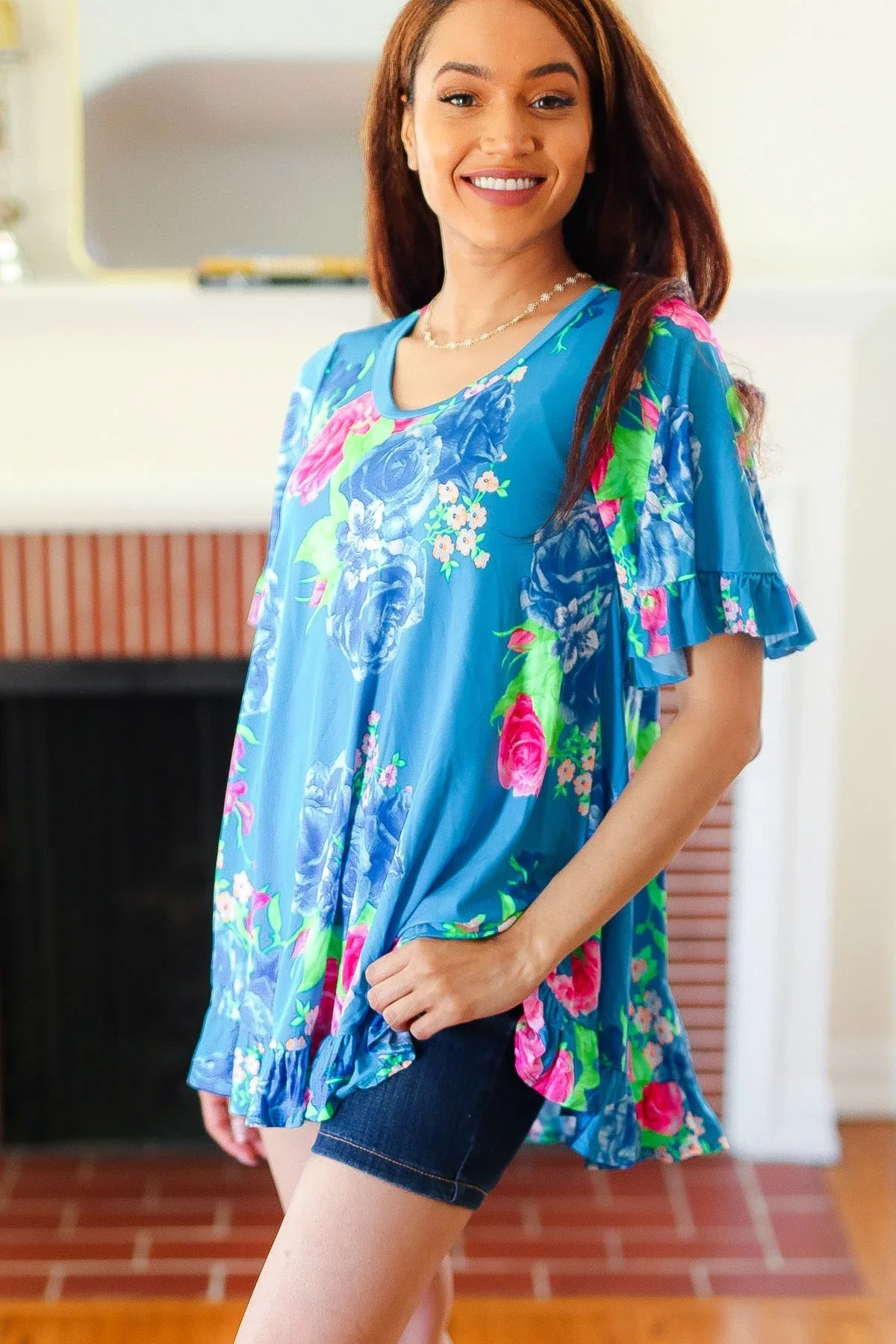 Feeling Playful Blue Floral Ruffle Sleeve & Hem Tunic Top | 07-01-25 Summer Sale Daverri Fashions