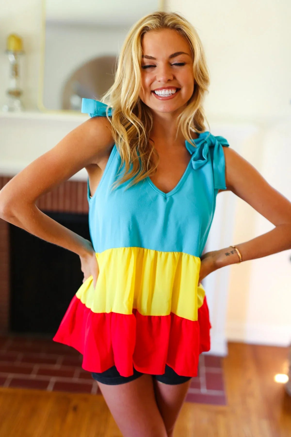 Multicolor Tiered Shoulder Tie Bow Crepe Top | 07-01-25 Summer Sale Daverri Fashions