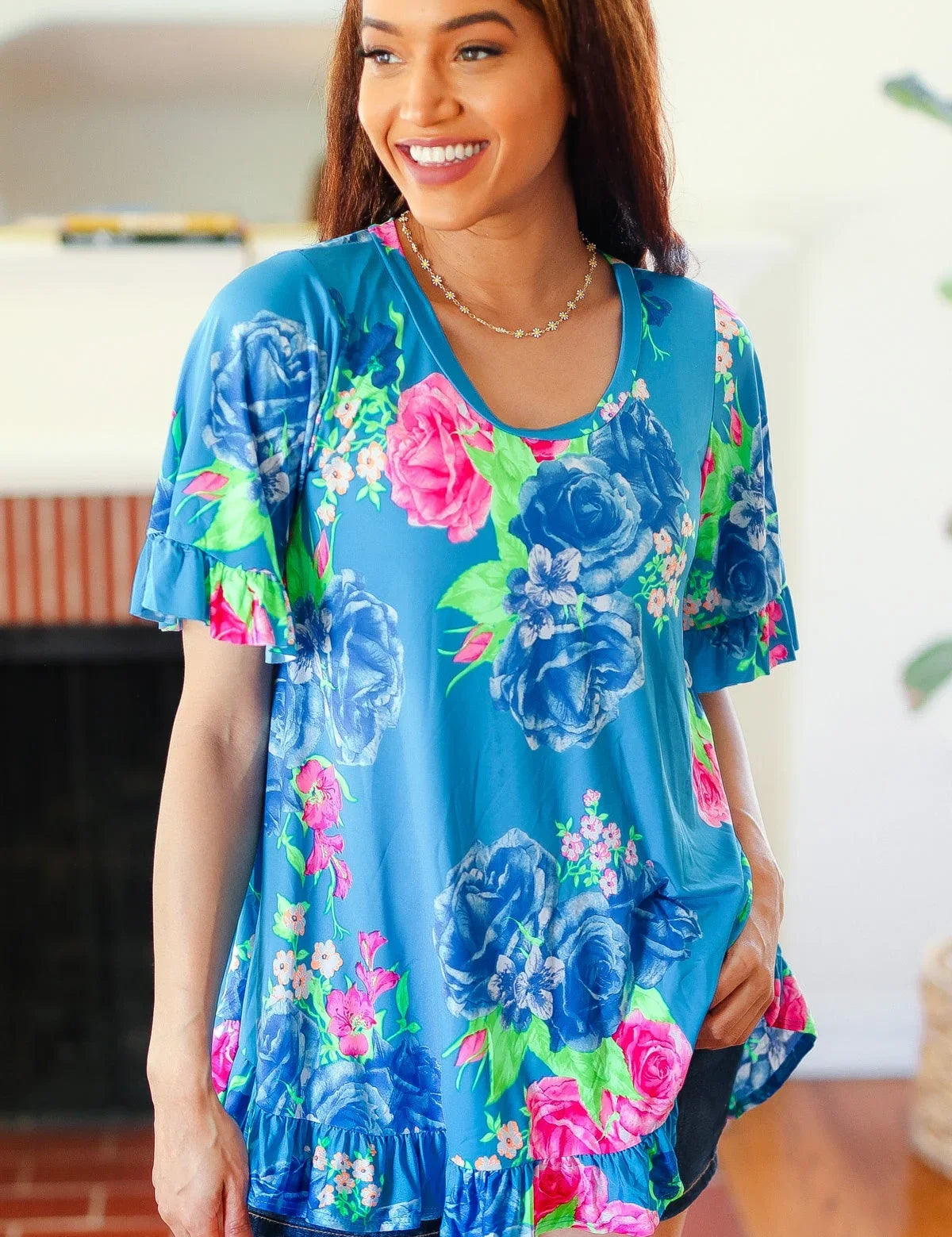 Feeling Playful Blue Floral Ruffle Sleeve & Hem Tunic Top | 07-01-25 Summer Sale Daverri Fashions