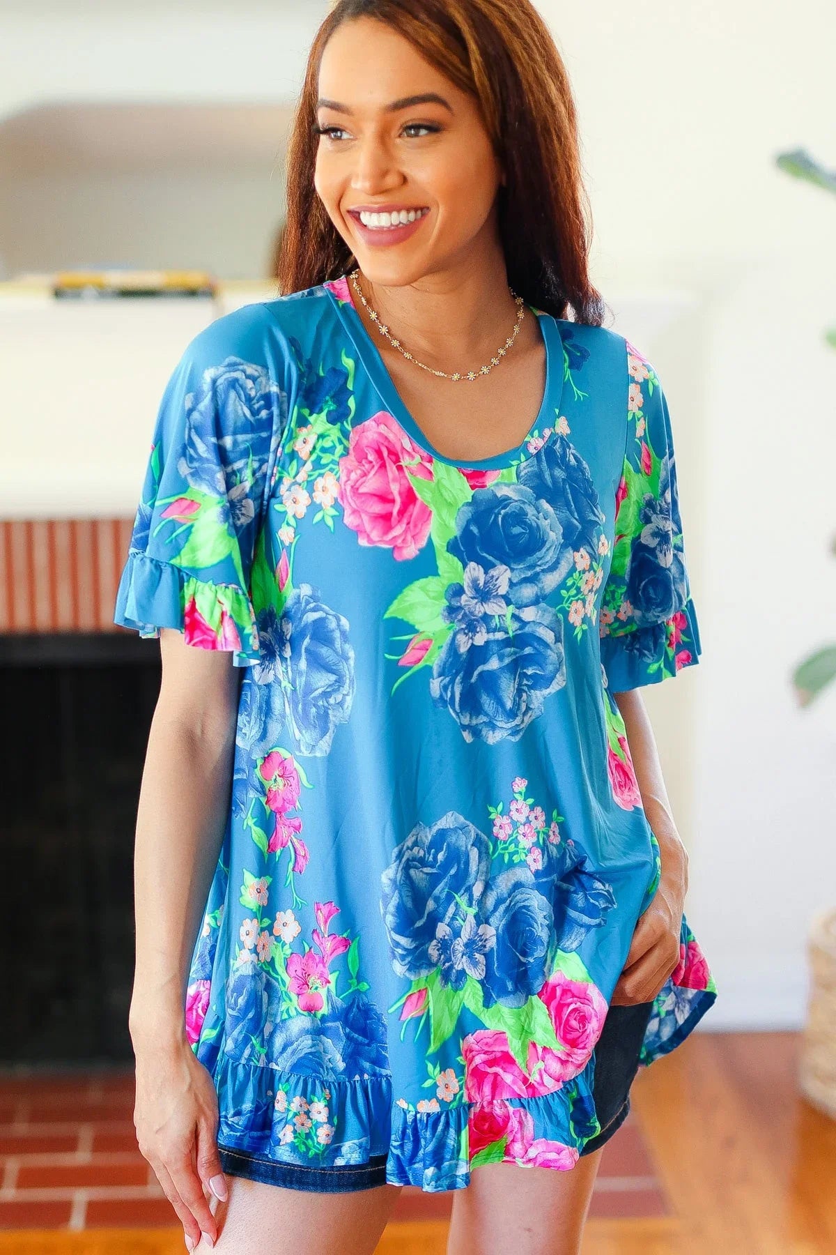 Feeling Playful Blue Floral Ruffle Sleeve & Hem Tunic Top | 07-01-25 Summer Sale Daverri Fashions