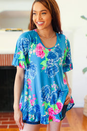 Feeling Playful Blue Floral Ruffle Sleeve & Hem Tunic Top | 07-01-25 Summer Sale Daverri Fashions