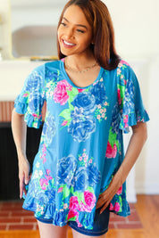 Feeling Playful Blue Floral Ruffle Sleeve & Hem Tunic Top | 07-01-25 Summer Sale Daverri Fashions