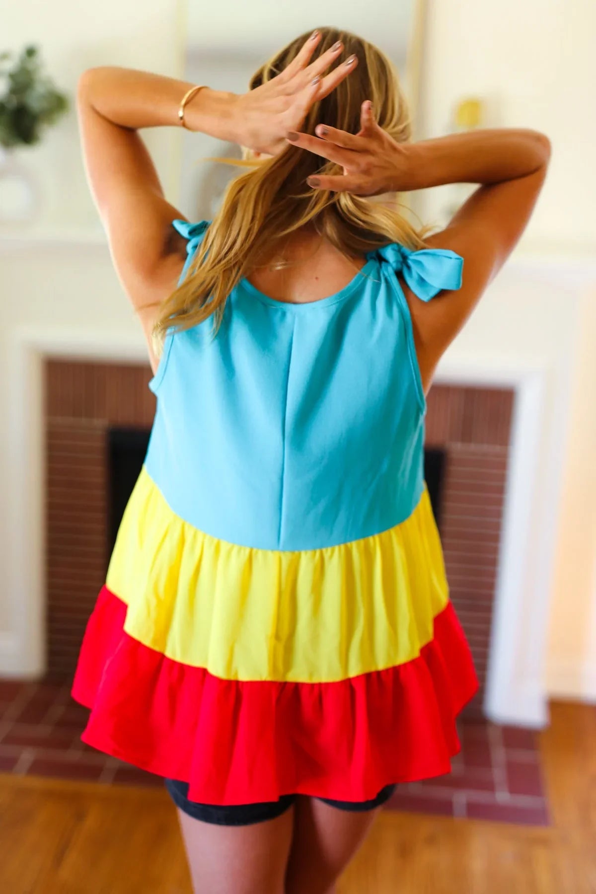 Multicolor Tiered Shoulder Tie Bow Crepe Top | 07-01-25 Summer Sale Daverri Fashions