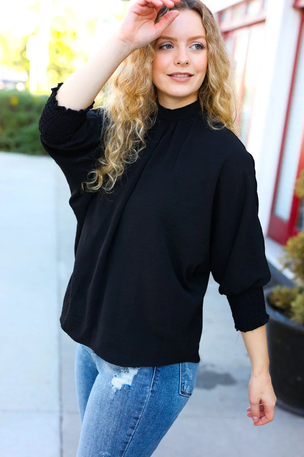 Black Smocked Three Quarter Sleeve Tie Back Top | Daverri Fashions