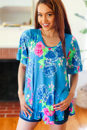 Feeling Playful Blue Floral Ruffle Sleeve & Hem Tunic Top | 07-01-25 Summer Sale Daverri Fashions