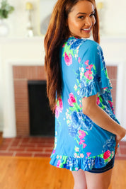 Feeling Playful Blue Floral Ruffle Sleeve & Hem Tunic Top | 07-01-25 Summer Sale Daverri Fashions