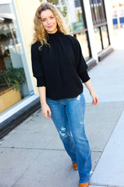 Black Smocked Three Quarter Sleeve Tie Back Top | Daverri Fashions