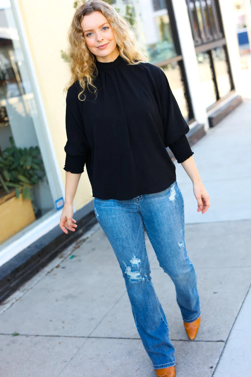 Black Smocked Three Quarter Sleeve Tie Back Top | Daverri Fashions