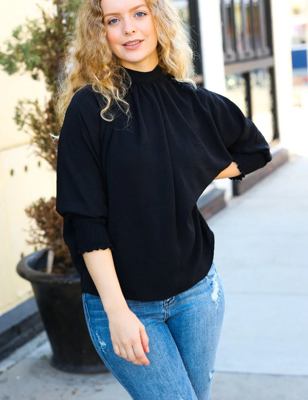 Black Smocked Three Quarter Sleeve Tie Back Top | Daverri Fashions