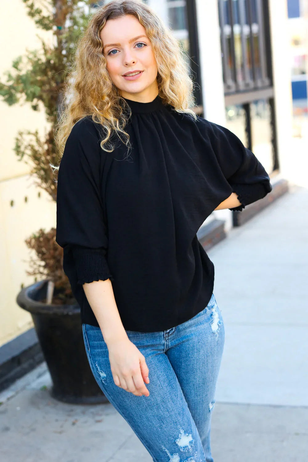 Black Smocked Three Quarter Sleeve Tie Back Top | Daverri Fashions