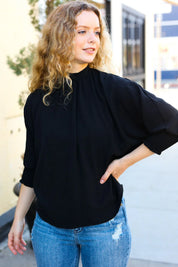 Black Smocked Three Quarter Sleeve Tie Back Top | Daverri Fashions