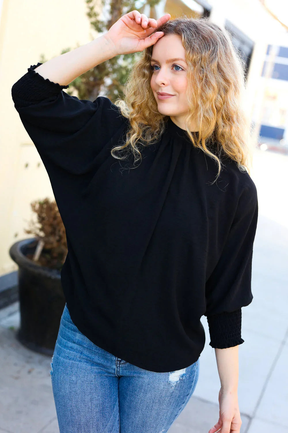 Black Smocked Three Quarter Sleeve Tie Back Top | Daverri Fashions