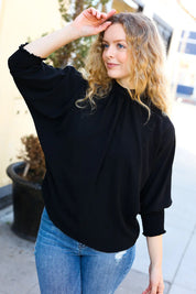 Black Smocked Three Quarter Sleeve Tie Back Top | Daverri Fashions