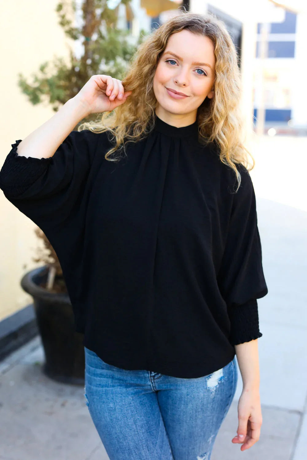 Black Smocked Three Quarter Sleeve Tie Back Top | Daverri Fashions