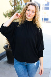 Black Smocked Three Quarter Sleeve Tie Back Top | Daverri Fashions