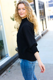 Black Smocked Three Quarter Sleeve Tie Back Top | Daverri Fashions