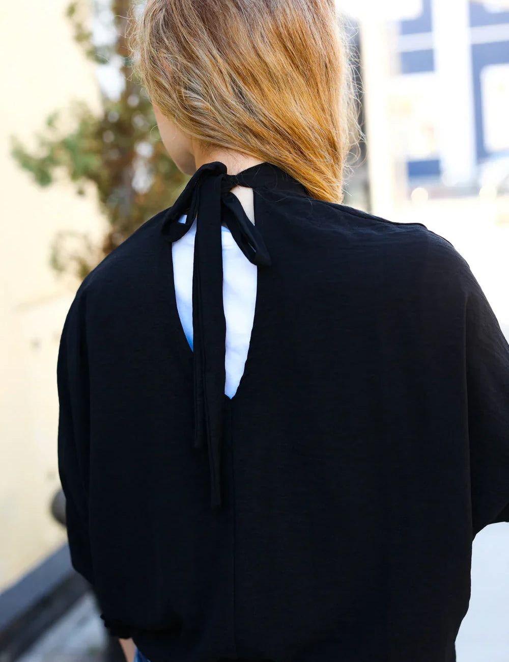 Black Smocked Three Quarter Sleeve Tie Back Top | Daverri Fashions