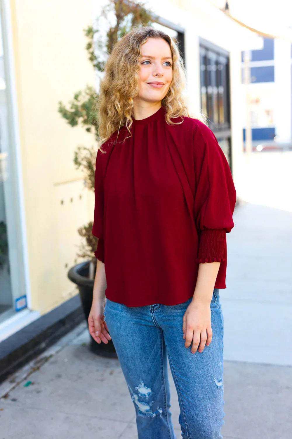 Bold Dreams Wine Smocked Three Quarter Sleeve Tie Back Top | Daverri Fashions