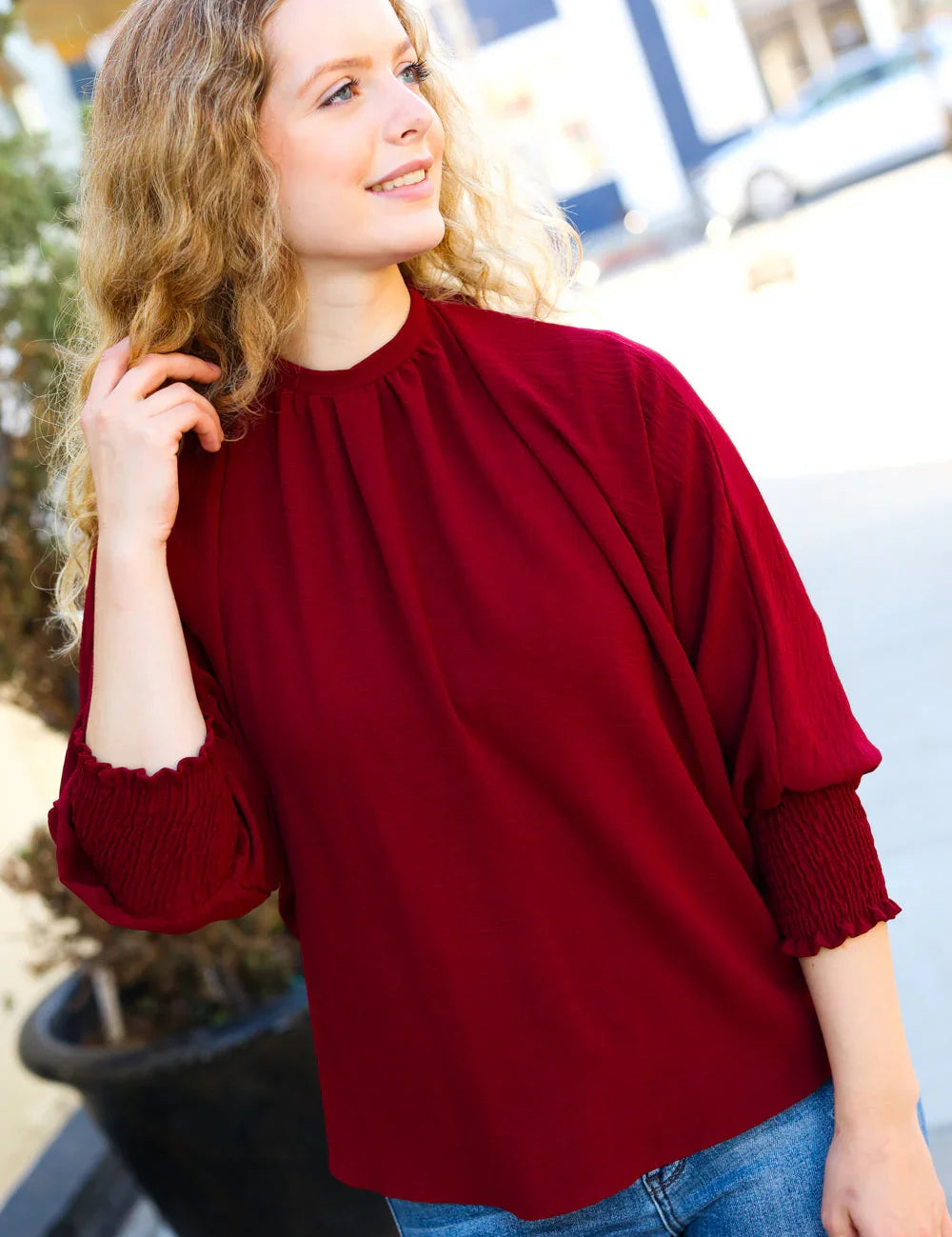 Bold Dreams Wine Smocked Three Quarter Sleeve Tie Back Top | Daverri Fashions