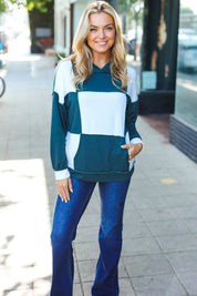 Adorable In Hunter Green Color Block Check Print Terry Hoodie | Daverri Fashions