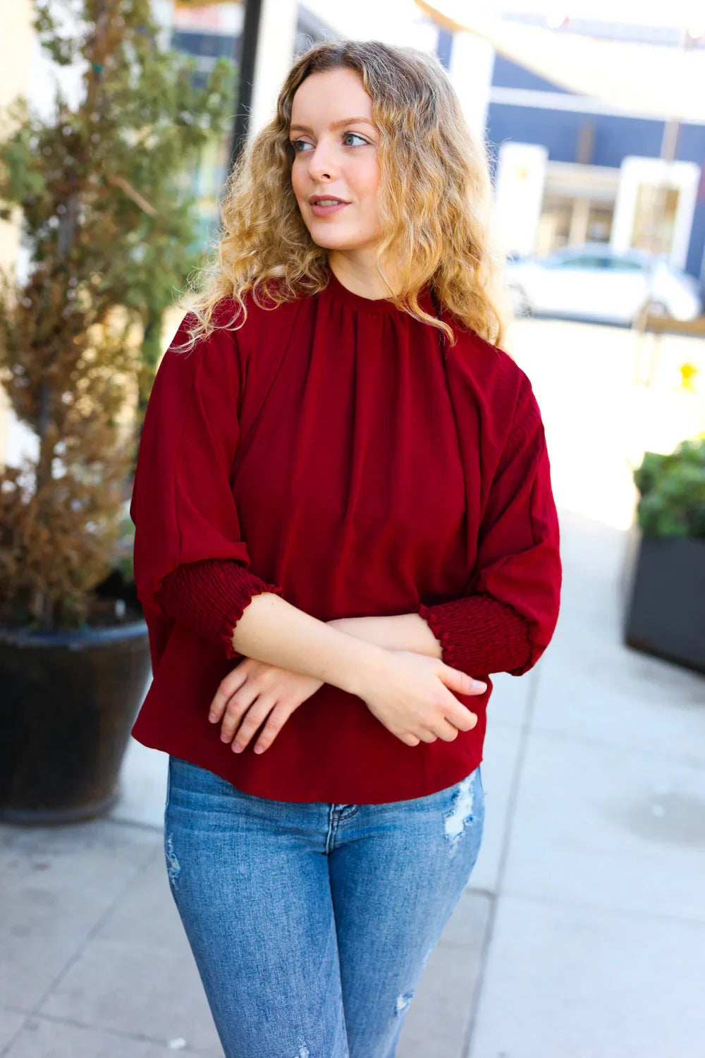 Bold Dreams Wine Smocked Three Quarter Sleeve Tie Back Top | Daverri Fashions