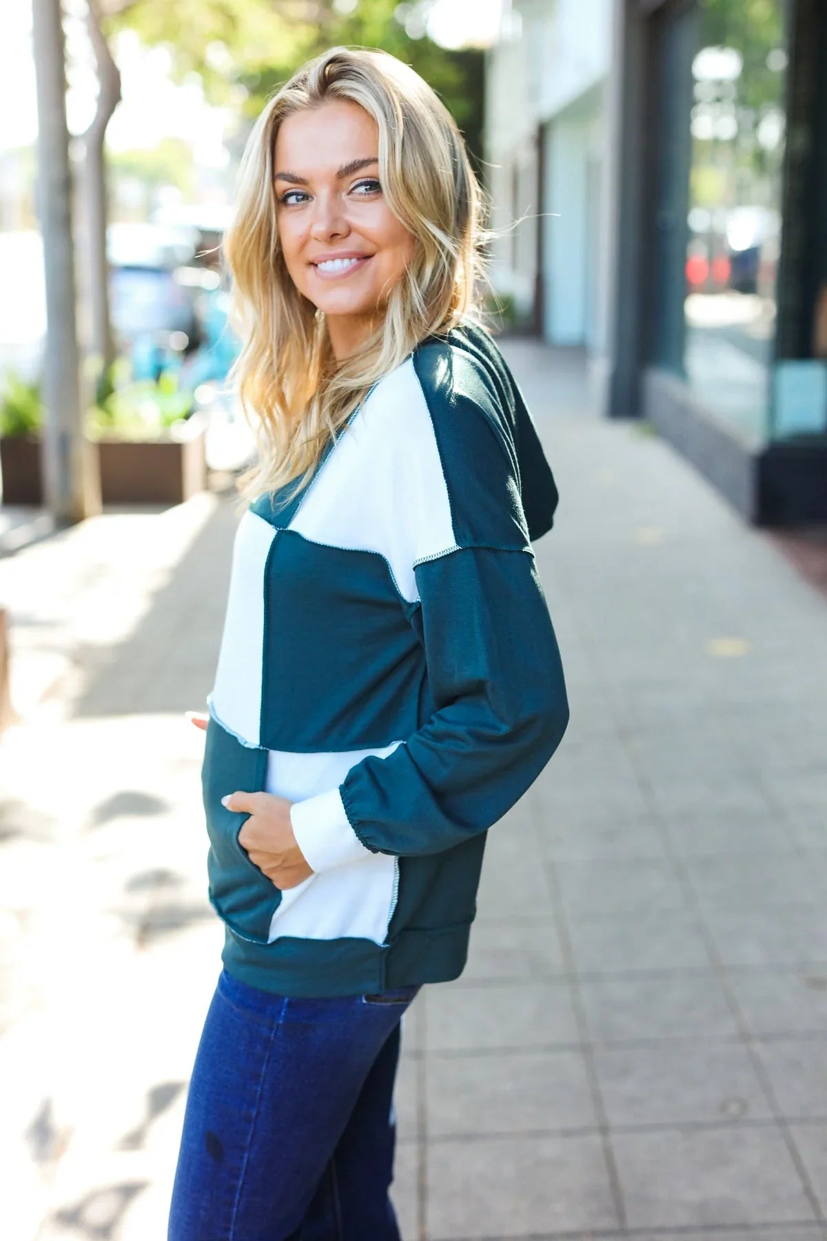 Adorable In Hunter Green Color Block Check Print Terry Hoodie | Daverri Fashions