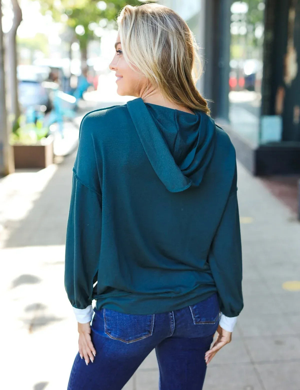 Adorable In Hunter Green Color Block Check Print Terry Hoodie - DAVERRI FASHIONS