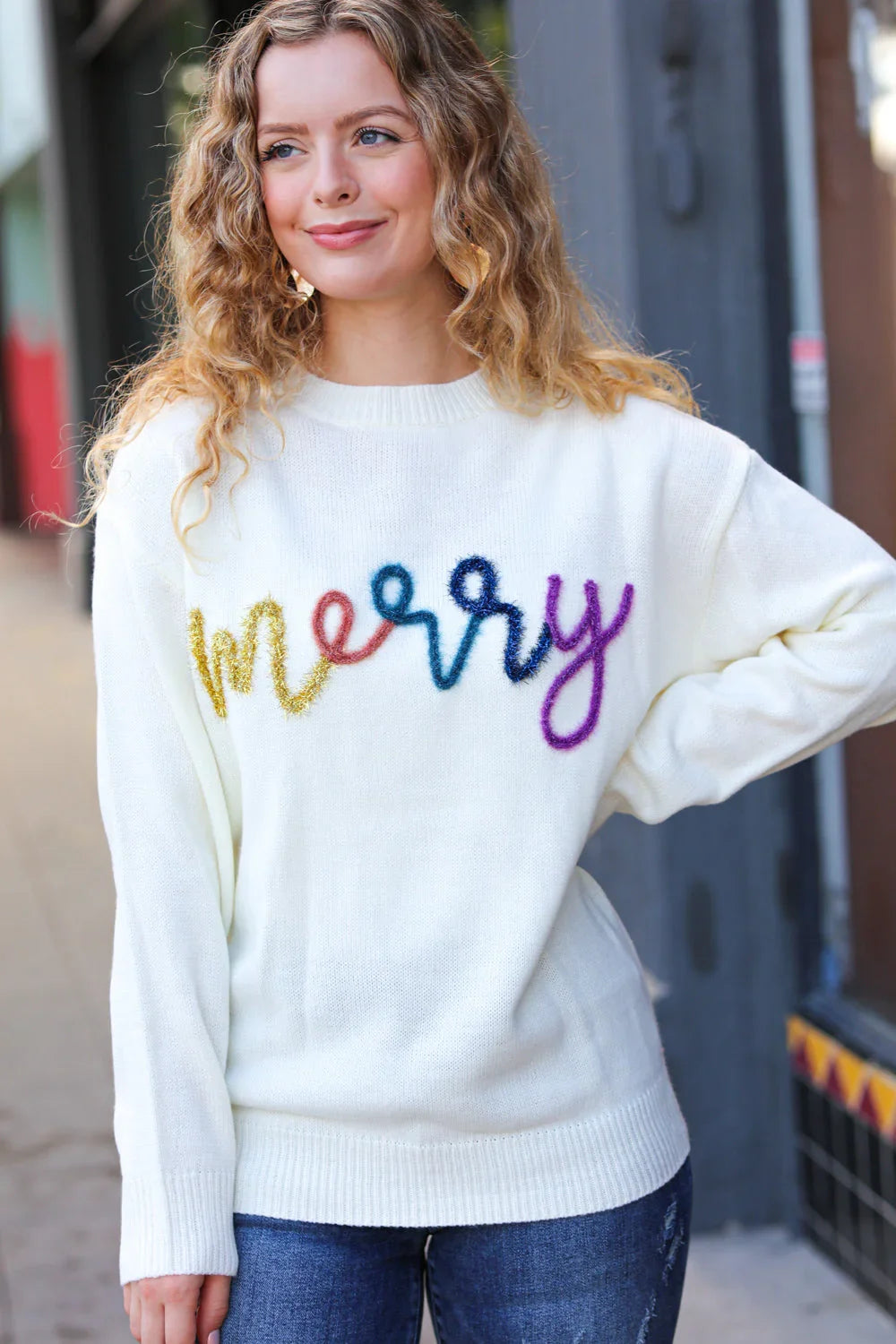 More the Merrier White Pop Up Lurex Sweater | Daverri Fashions