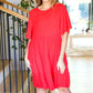 Red maternity dress with pleated skirt, short flutter sleeves