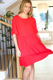 Feeling Bold Red Woven Panel Tiered Fluter Sleeve Dress | Daverri Fashions