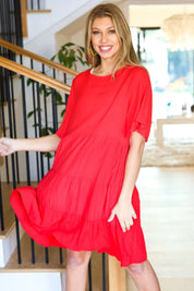 Feeling Bold Red Woven Panel Tiered Fluter Sleeve Dress | Daverri Fashions
