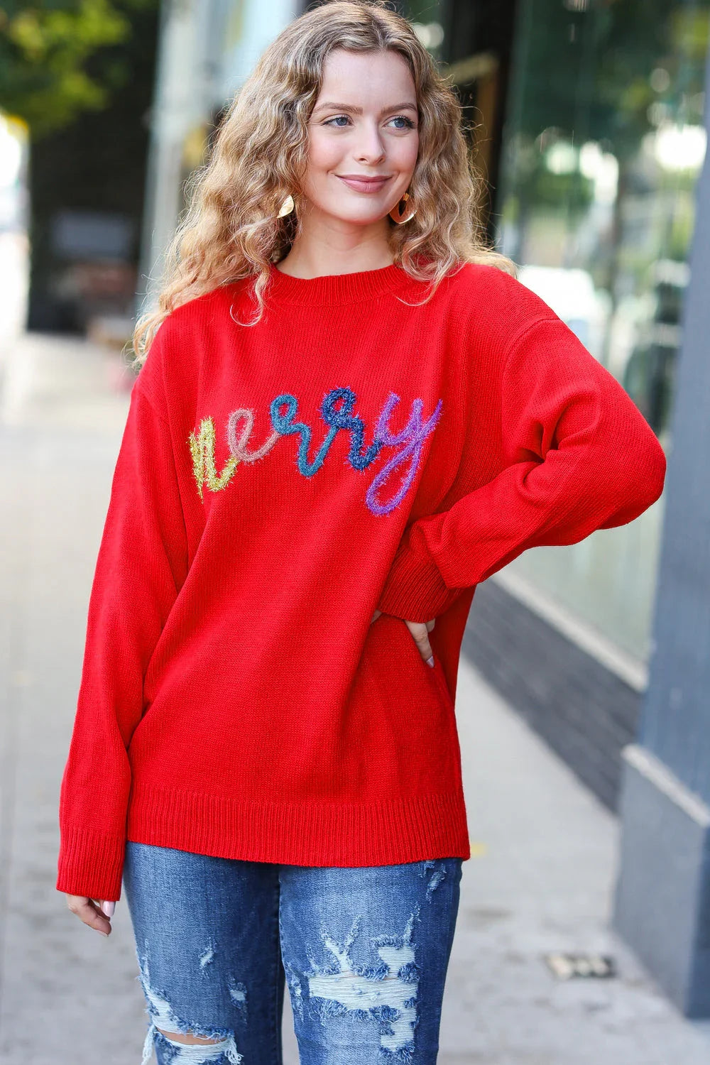 More The Merrier Red Pop Up Lurex Sweater | Daverri Fashions