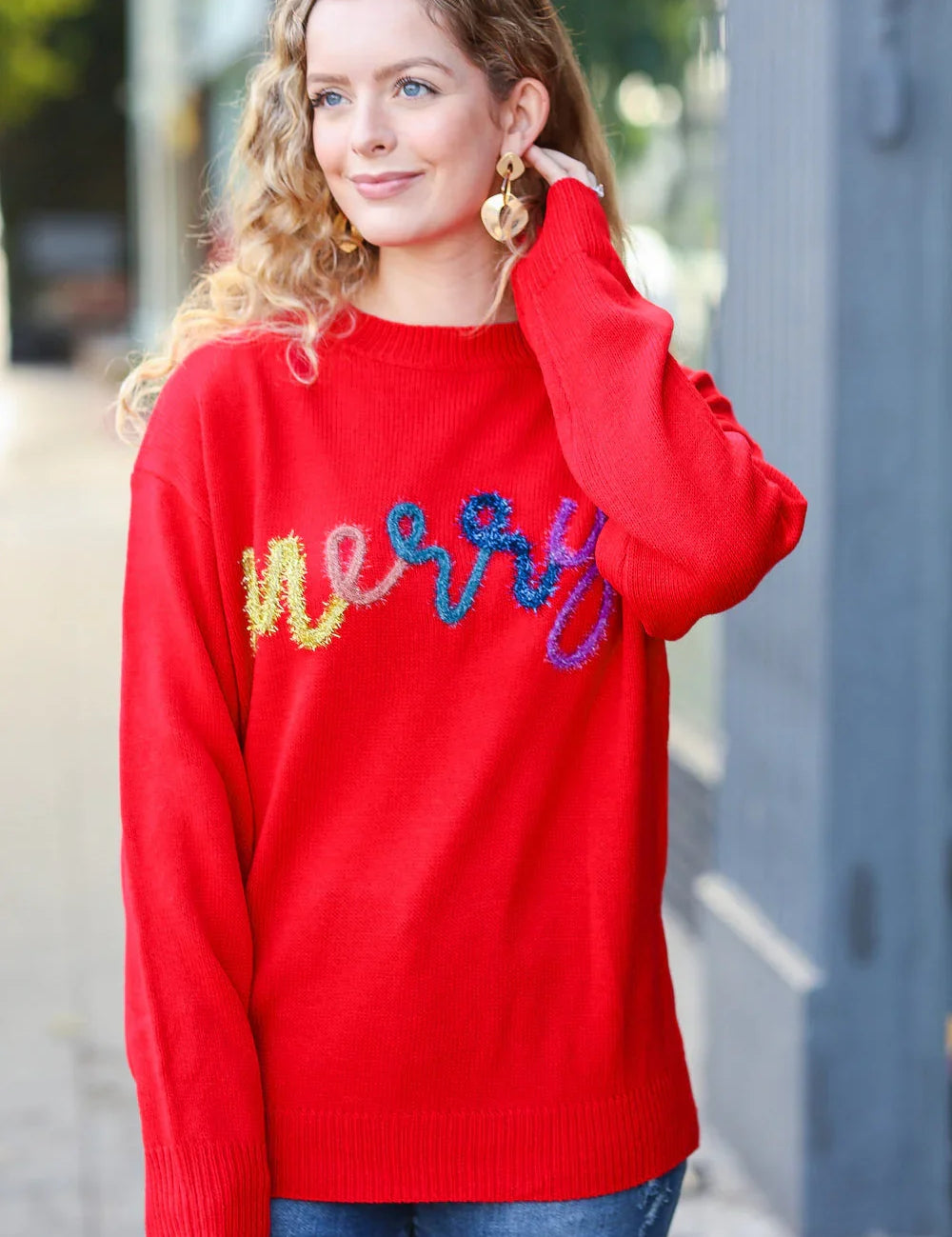 More The Merrier Red Pop Up Lurex Sweater | Daverri Fashions