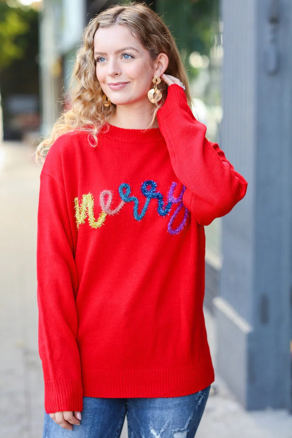 More The Merrier Red Pop Up Lurex Sweater | Daverri Fashions