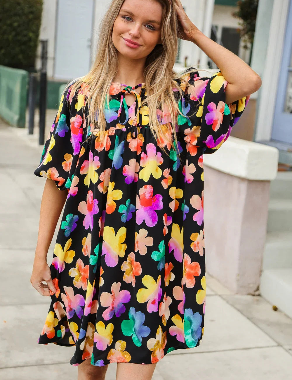 Look Adorable Ribbon Bow Tie Floral Babydoll Dress with Pockets | Daverri Fashions